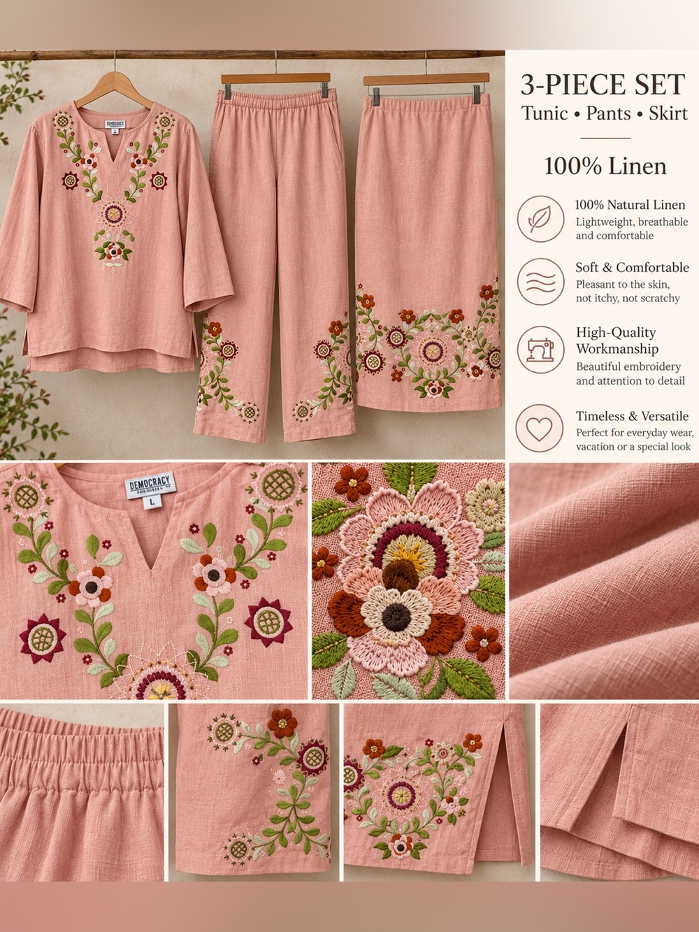 Women’s linen 3pc Outfit Set L Top/Tunic Wide-Leg Pants skirt Embroidered Floral